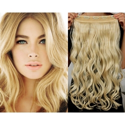 Clip in pás z pravých vlasů 63cm vlnitý – nejsvětlejší blond