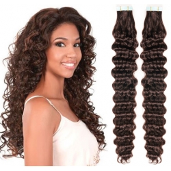 Kudrnaté vlasy pro metodu Pu Extension / Tape Hair / Tape IN 50cm - tmavě hnědé