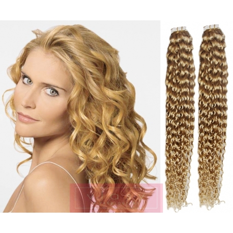 Kudrnaté vlasy pro metodu Pu Extension / Tape Hair / Tape IN 50cm - přírodní blond