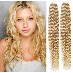 Kudrnaté vlasy pro metodu Pu Extension / Tape Hair / Tape IN 50cm - nejsvětlejší blond